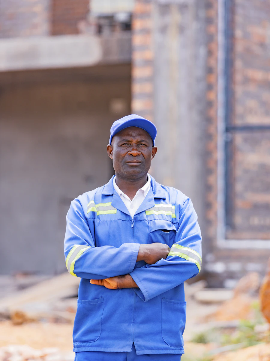 A worker in blue overalls standing with arms crossed at a site